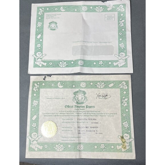 Cabbage Patch Preemie Green Eyes 1982 Dress/Shoes/Hat Birth Certificate & More - Picture 9 of 16
